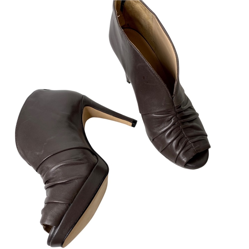 Antonio Melani Peep Toe Brown Leather Ruched Stiletto Heel Platform Booties 6.5